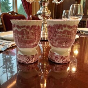 Antique Mason’s Vista Ironstone Double Egg Cup Red/Pink Transferware 4” Set of 2